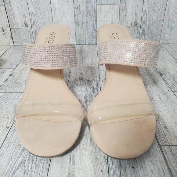 Women's GUESS Mia Double Strap Sparkly Kitten heels. Beige with clear strap 6.5M - Picture 3 of 14